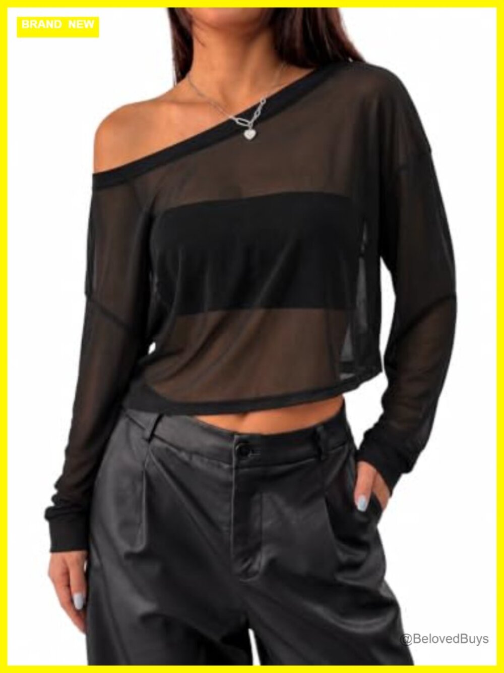 Women's Sheer Mesh Off Shoulder Crop Top Long Sleeve Asymmetrical Party